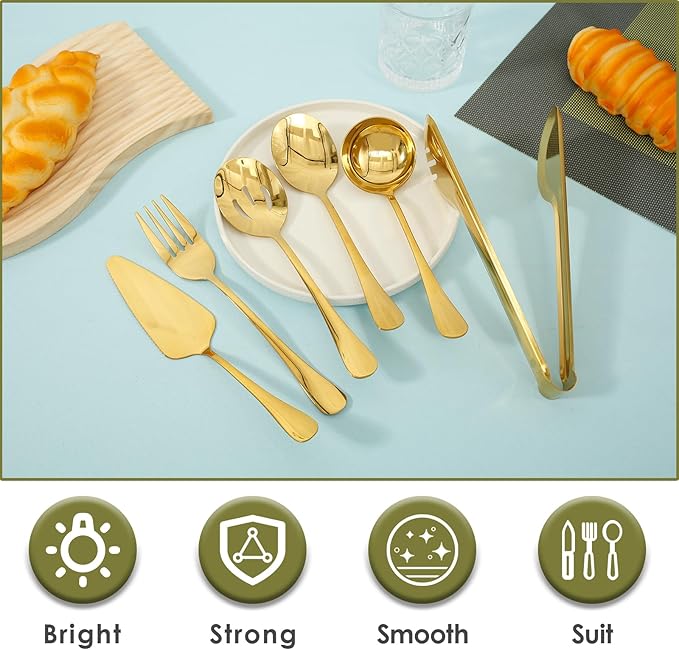 10Pcs Serving Utensils Set Stainless Steel Metal Serving Utensils Metal Serveware Serving Set with Serving Spoons Forks Tongs Slotted Spoon Ladle Pie Server for Buffet Parties (Gold)