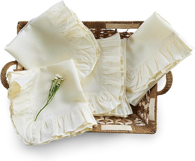 Solino Home Linen Ruffle Cloth Napkins Set of 4-100% Pure Linen Ivory Dinner Napkins 20 x 20 Inch for Christmas, New Year - Gabrielle Ruffle, Handcrafted and Machine Washable