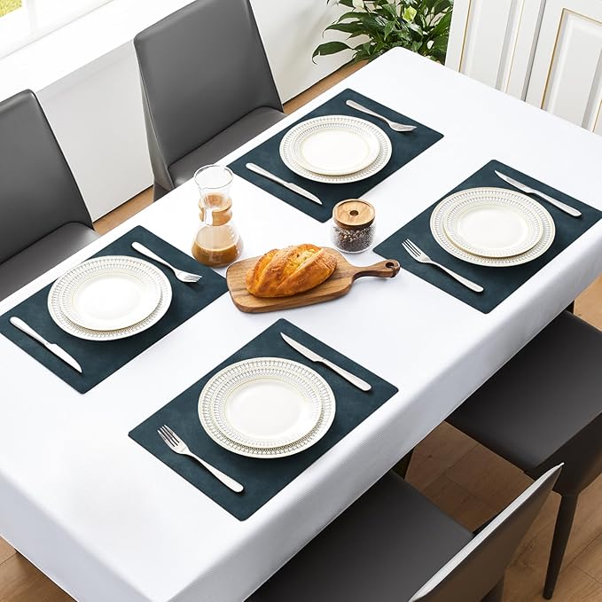MOSAYT Vinyl Placemats Set of 4-12 X 17 Inch - Faux Leather 100% Waterproof Oil-Proof Wipeable PU Place Mats, Heat Resistant Reversible Table Mats for Kitchen, Dining, Outdoor (Navy Blue)