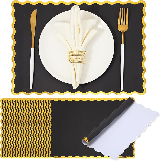 150 Pcs Disposable Paper Placemats Bulk 10"x14" Rectangle Place Mats with Scalloped Edges Dining Table Mat for Wedding Birthday Easter Party Table Decoration(Black)