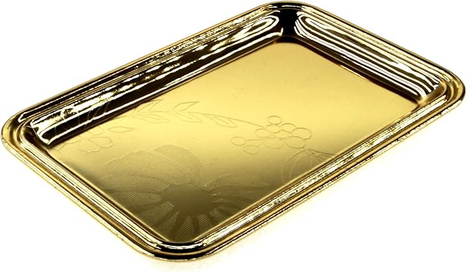 (Pack of 4) 7 inch x 4.7 inch Rectangular Iron Gold Plated Mirror Serving Tray Floral Engraved Decorative Party Birthday Wedding Buffet Wine Decor Platter Plate Base Dish CC-1155