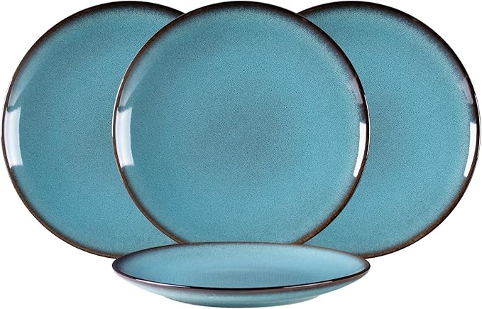 HENXFEN LEAD Dinner Plates Set of 4, Large Serving Dishes 10 Inch for Steak, Salad, Pasta - Stoneware Dinnerware Sets Dishwasher, Microwave, Oven Safe, Aqua
