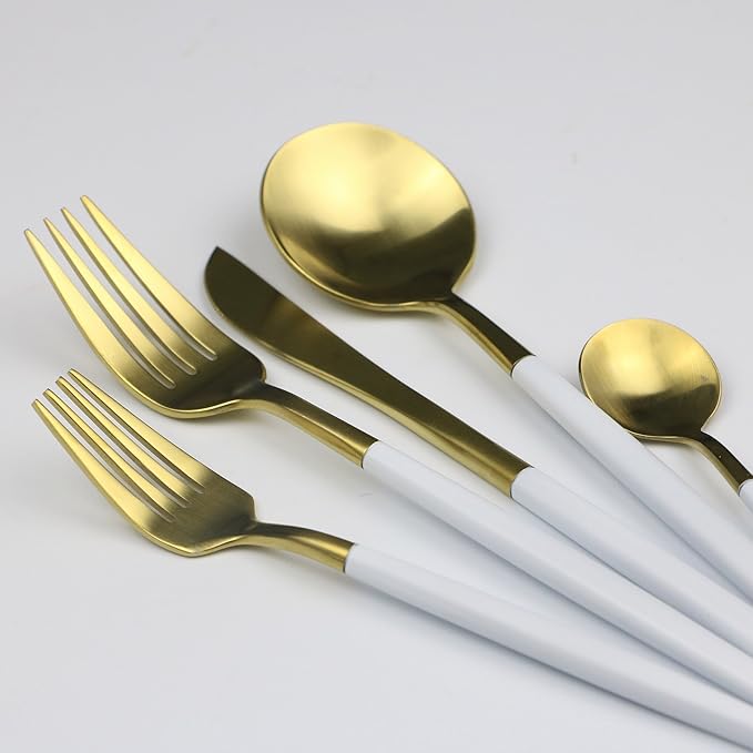 5-Piece 18/10 Stainless Steel Flatware Set, Serive for 1, With Fork Spoons Knife Teaspoon Dessert Fork for Home Kitchen Restaurant Hotel (White + Gold)
