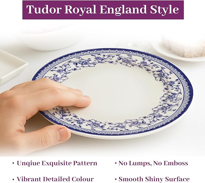 TUDOR ROYAL 12-Piece Round Porcelain Dinnerware Set, Service for 4 - Aster BLUE Design, Multicolor Floral, Plates Bowls Mugs Dishes, Premium Quality Tableware, Unique Pattern, Glossy