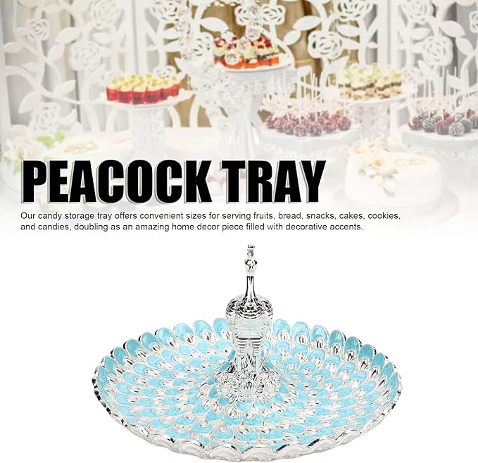 Peacock Shape Fruit Dish Tray, Decorative Storage Tray, Zinc Alloy Metal Snacks Plate Round Platter Serving Tray Cookie Storage Bowl for Home Party Cakes Cookies Candy (Silver Light Blue)