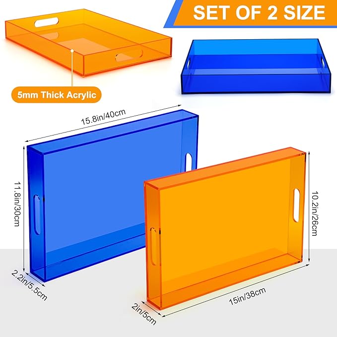 Set of 2 Large Acrylic Tray 16''x12'' Neon Blue Orange Ottoman Coffee Table Tray with Handles Maximalist Decorative Serving Platter for Food Tea Dinner Snack Eating Bar Party