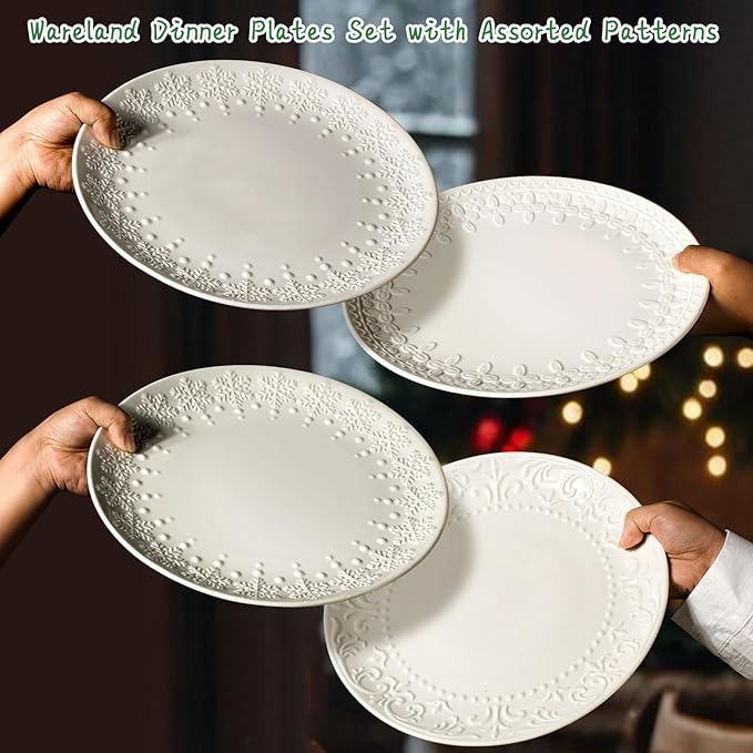 Large Dinner Plates Set of 4-10.75 Inch Ceramic Plates Embossed Salad Plates Modern White Round Serving Dishes for Kitchen - Microwave, Oven and Dishwasher Safe (Brocade Flower)