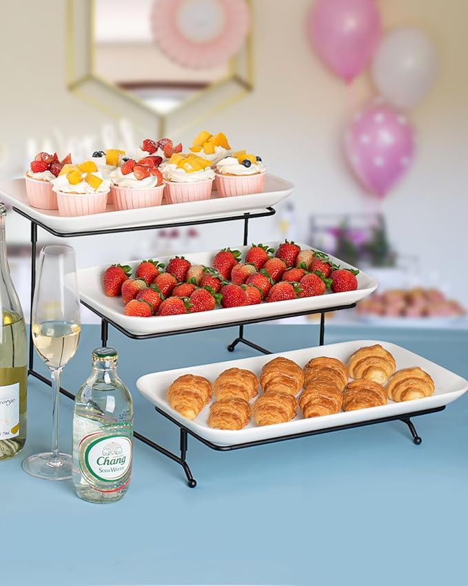 Delling Large 3 Tier Serving Tray Set, 14 Inch Tiered Serving Stand, Sturdier Rack with 3 Porcelain Serving Platters, Suitable for Dessert Table Display Set, Serving Dishes for Entertaining
