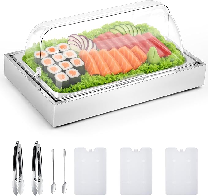 Uiifan Salad Bar Buffet Station for Home, Ice Food Serving Display Tray with Clear Roll Top Cover, Cold Food Buffet Server Trays with Clamps Spoons Ice Box for Restaurant Kitchen Party(Classic)