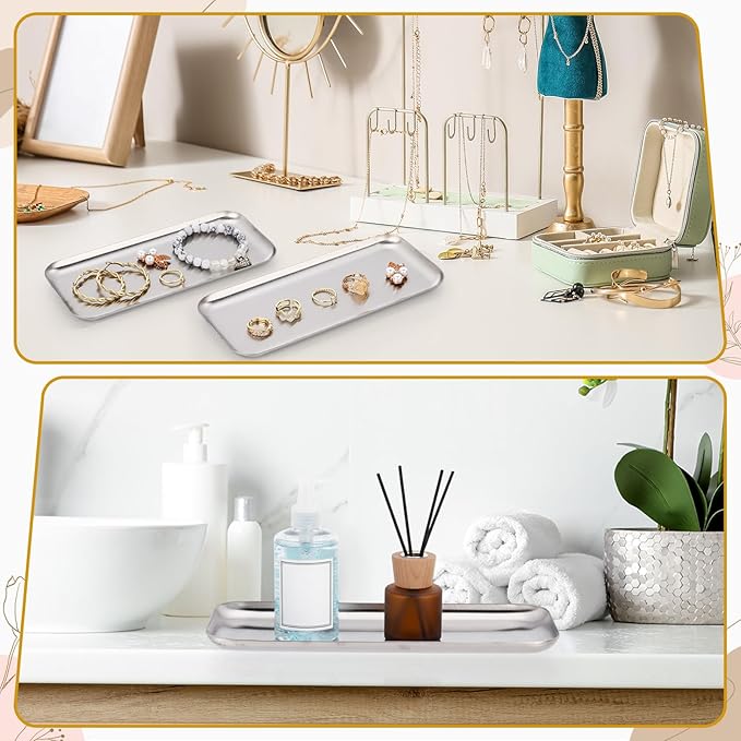 Vesici 12 Pcs 7.87 x 3.35 inches Small Silver Tray Bulk, Stainless Steel Rectangle Serving Trays Trinket Decorative Bathroom Tray for Vanity Jewelry Makeup Towel, Dish Plate Tea Fruit Storage Platter