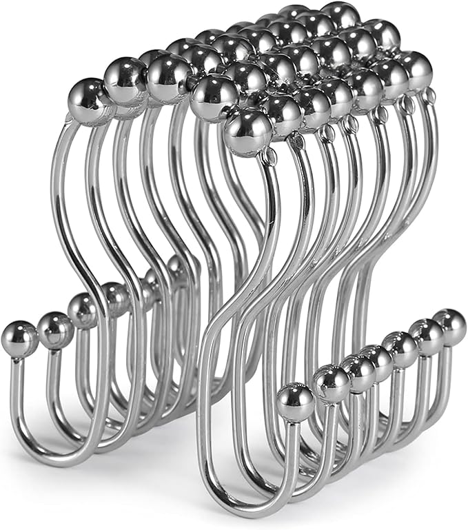 Goowin Shower Curtain Hooks, 12 Pcs Shower Curtain Rings, Stainless Steel Silver Shower Curtain Hooks Rings Rust Proof, Smooth Sliding Anti-Drop Double Shower Hooks for Shower Curtain, Rods (Chrome)