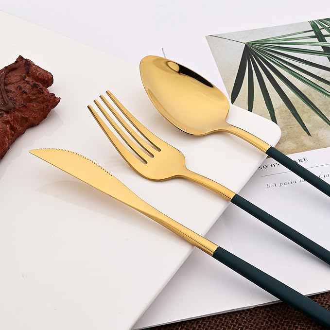 36pcs Silverware Set, 18/10 Stainless Steel Serving Flatware With Curved Handle For 6, Durable Eating Utensils For Home Entertaining, Mirror Polished (Green Gold)