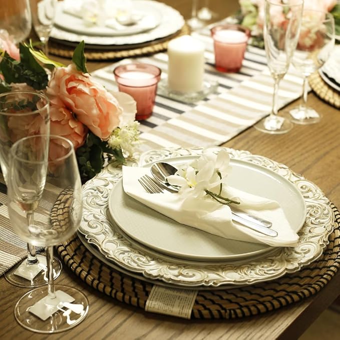 Antique Charger Plates, 13 Inch White Dinner Plate Chargers Round Server Ware. Set of 6 Plastic Embossed Charger for Dinner, Party, Wedding, Elegant Tableware Decoration. (White)