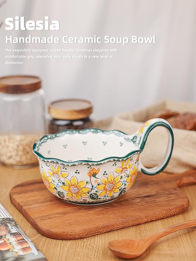 silesia Handmade Ceramic Soup Bowl, 30 oz Hand Painted Bowl with Loop Handle, Floral Design Cereal Bowl for Soup, Ice cream, Snack, Microwave & Dishwasher Safe (Sunflower)