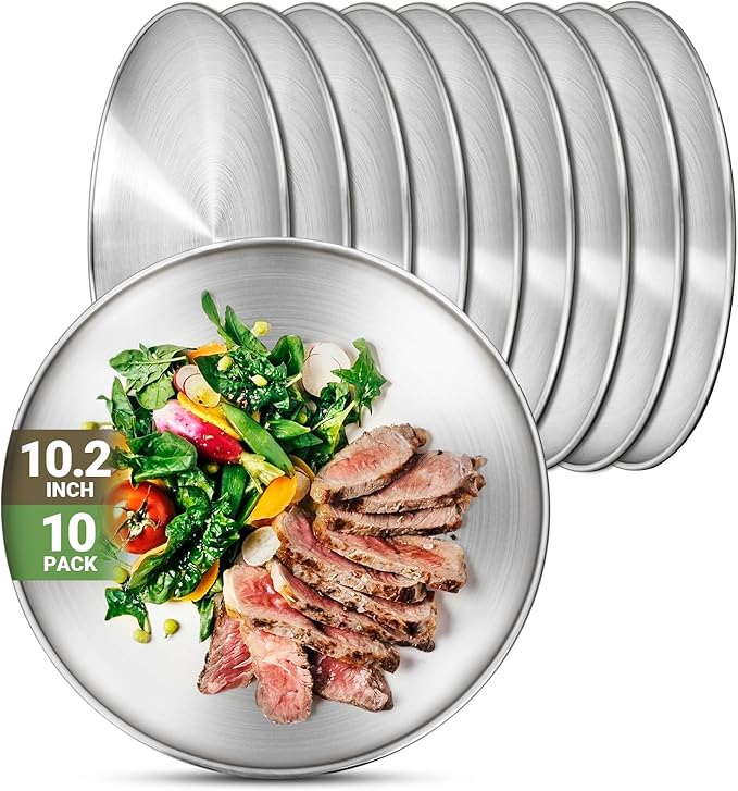 Metal Dinner Plate, 10 Pack 10.2 inch 304(18/8) Stainless Steel Plates, Reusable lunch salad Pizza BBQ Food Serving Snack Eating Dishes Round Shatterproof Plate Silver Dinnerware Oven Safe