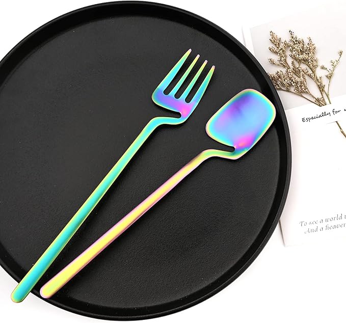 24-Pieces Hangable & Cute 18/10 Stainless Steel Flatware Set, Matte Cutlery Set Kitchen Dinnerware Include Knife/Fork/Spoon/Teaspoon Service for 6, Rainbow