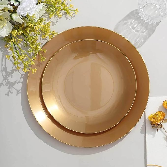 Efavormart 10 Pack | 8" Glossy Gold Round Plastic Dinner Plates With Gold Rim, Disposable Party Plates