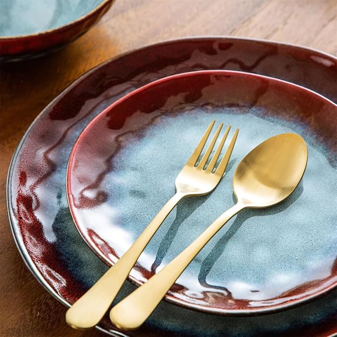 Vintage Ceramic Red Stone Dinnerware Set Dinner Dessert Plate Bowl Set,White-Dinosaur Doodle