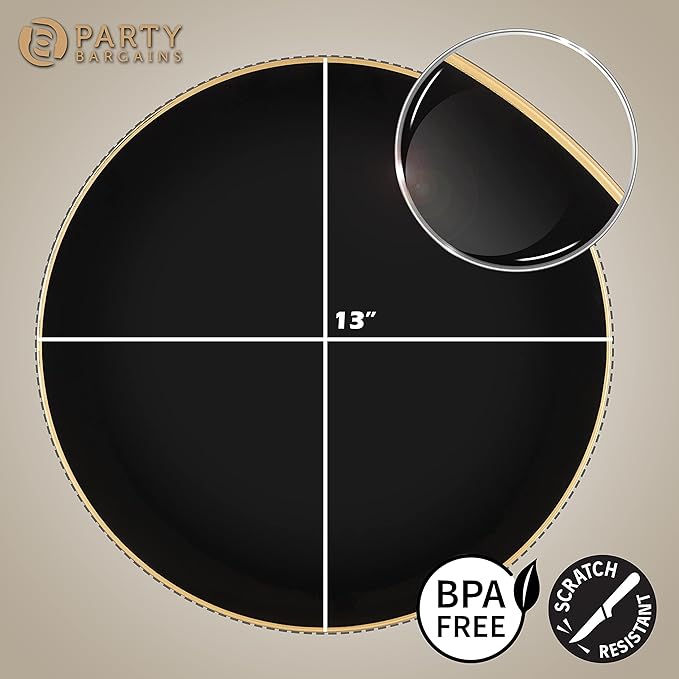 PARTY BARGAINS 13-Inch Charger Plates - 48 Pack, Organic Collection Black Gold Rim, Heavy-Duty Disposable Chargers for Elegant Dining - Ideal for Weddings and Formal Events