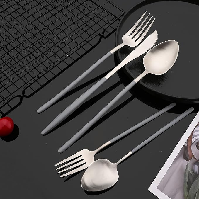 JASHII Matte Grey and Silver Silverware Set, 304 Stainless Steel Flatware Set Service for 4, Tableware Cutlery Set for Home Restaurant Party, Dinner Forks/Spoons/Knives, Slim Handle, Dishwasher Safe