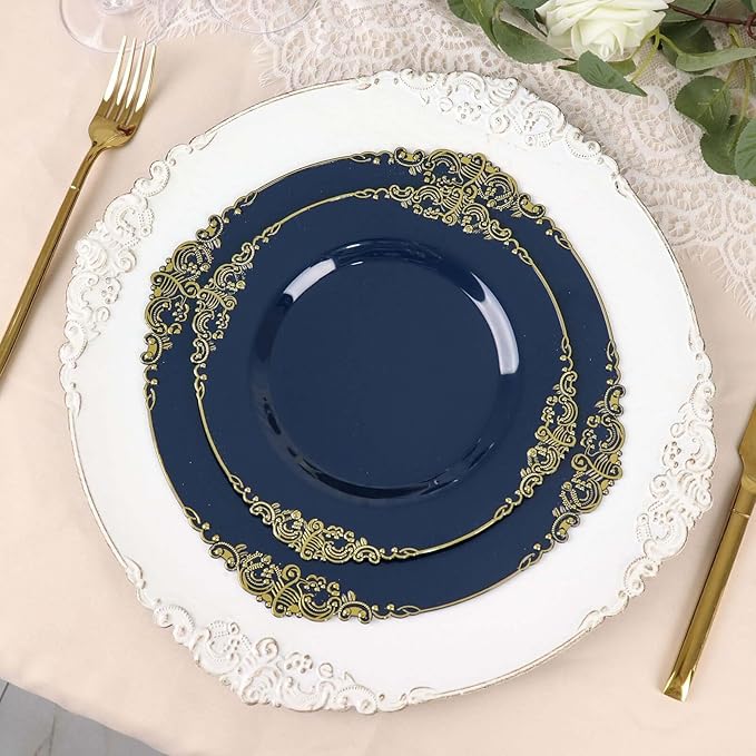 10" Dinner Plates -Set of 20 - Plastic Navy Blue Round Baroque Disposable Chargers Leaf Embossed Rim, Ideal for Dinner Party Wedding Bulk Events