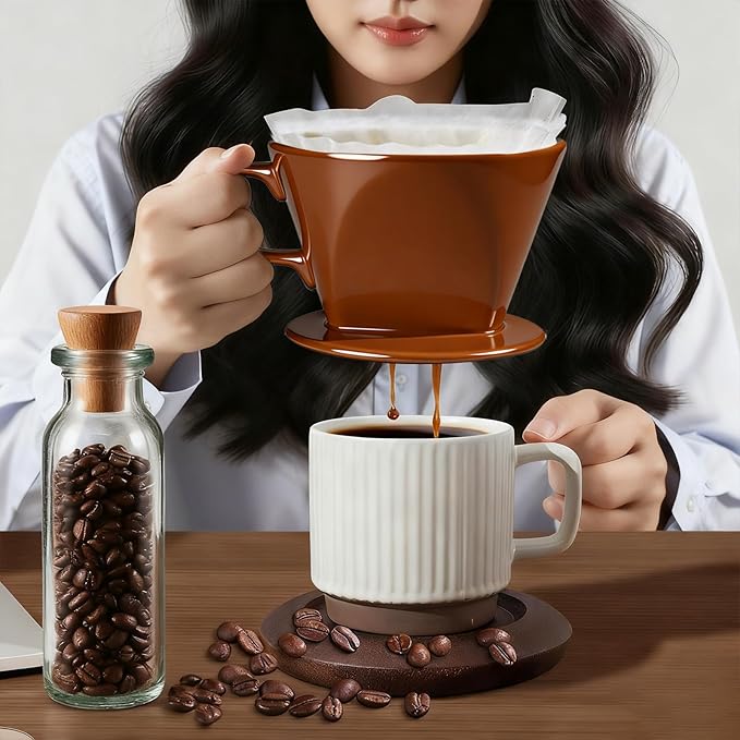 Handmade Pour Over Ceramic Coffee Dripper - Authentic Brewing Experience for Camping, Office, and Home (Coffee Brown)