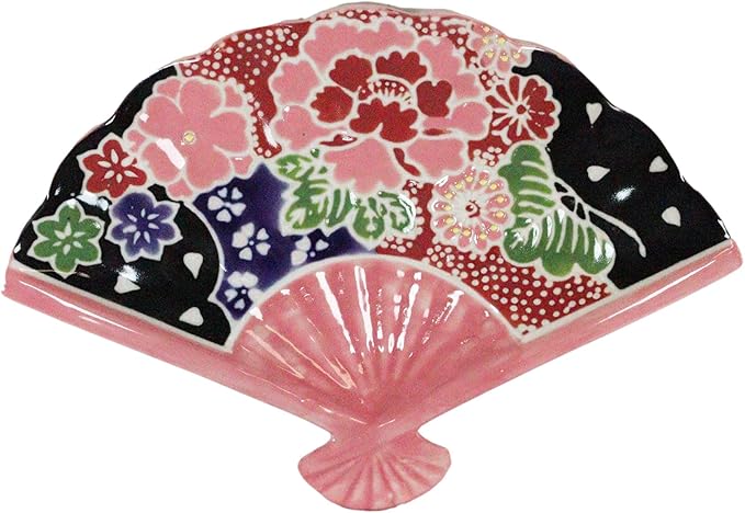 Ebros Pack Of 4 Colorful Oriental Folding Fan Shaped Appetizer Sushi Dessert Serving Dish Plates Decorative Asian Themed Artistic Dinner Lunch Serveware Plate Set (Pink Floral Garden Blooms)