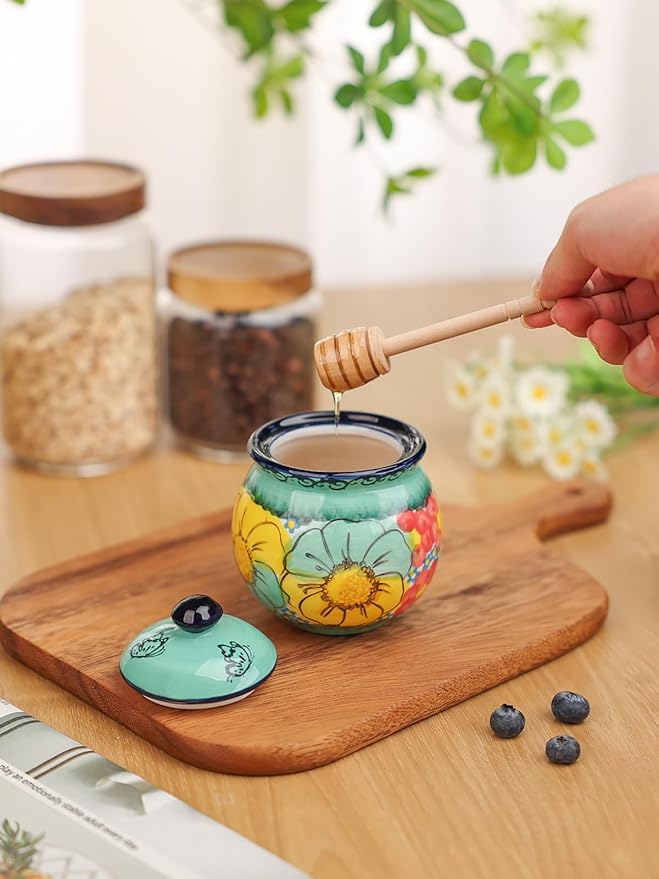 silesia Handmade Ceramic Honey Jar with Lid, 8 oz Floral Design Honey Pot with Dipper, Hand-Painted Honey Containers for Honey, Jam, or Syrup, Dishwasher Safe (Flowers Green)