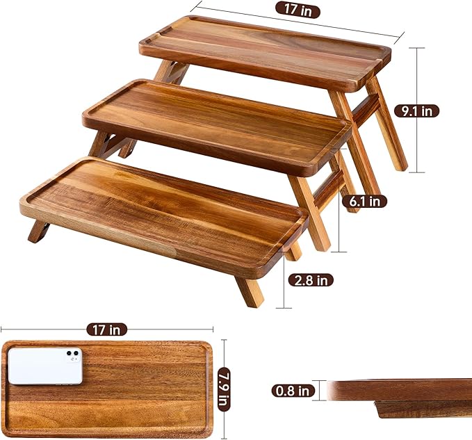 3 Tier Serving Tray 17 Inch Wooden Tiered Tray Stand Foldable Dessert Table Display Set Decor Charcuterie Boards Rustic Wood Platters Trays for Party Food Display