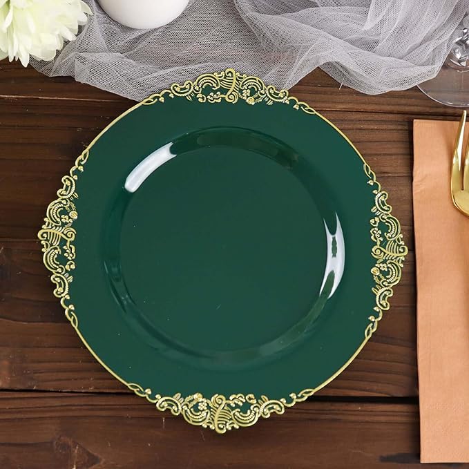 8" Salad Plates -Set of 10 - Plastic Hunter Green Round Baroque Disposable Chargers Leaf Embossed Rim, Ideal for Dinner Party Wedding Bulk Events
