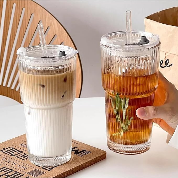 CHPINDAM Ribbed Drinking Glasses,with Lids and Straws Glass Cup,19oz Glass cup,4 Pack Old Fashioned Glasses,Thickened for iced coffees,cocktails and juices, perfect for families and parties (4)
