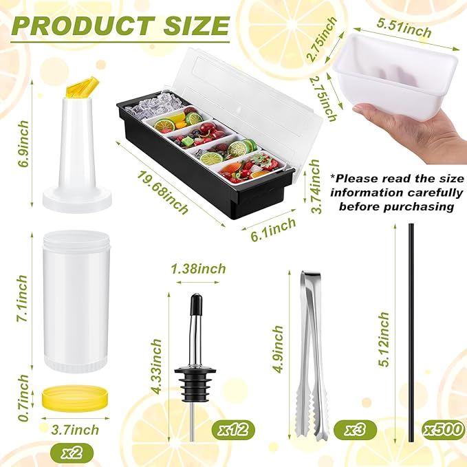 Mifoci Bartending Supplies Garnish Tray with Lid Bar Caddy 3 Tier Glass Rimmer 12 Stainless Steel Bottle Pourers 2 Juice Pour Bottle 1000 Cocktail Straw 3 Serving Tong(5 Compartments,Plastic)