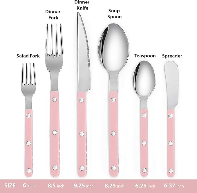 6-Piece Stainless Steel Flatware Silverware Cutlery Set - Color Handle with Rivet/Retro Style - Includes Dinner Knife; Dinner Fork; Salad Fork; Soup Spoon; Teaspoon; Spreader (PINK)