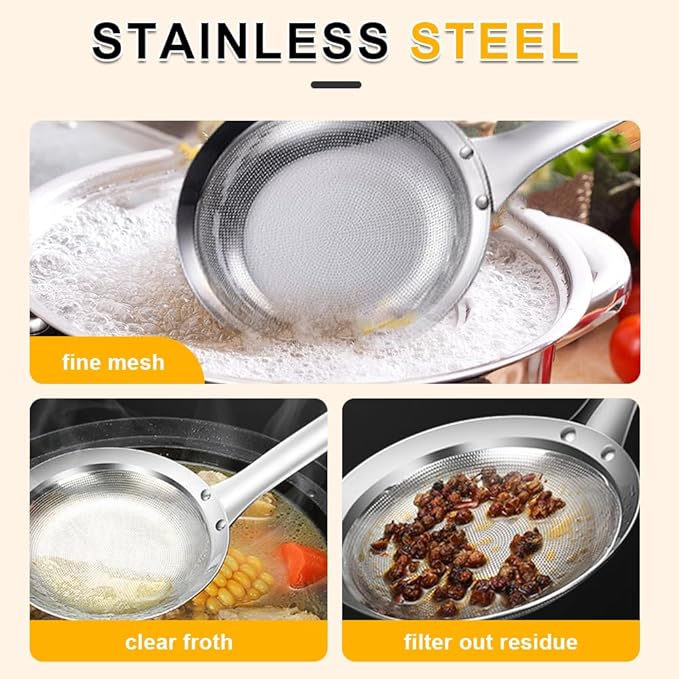 Fine Mesh Stainless Steel Colander Spoon,2025 New Extra Fine Mesh Strainer with Handle,304 Stainless Steel Skimmer Spoon Kitchen Gadget for Filte Grease Foam (1, B Style, Large+Small)