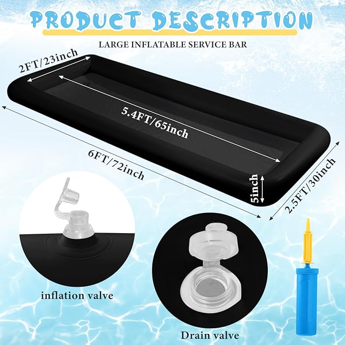 Large Inflatable Serving Bar 72 x 30 x 5'' Inflatable Ice Serving Buffet Bar Inflatable Cooler Ice Buffet Salad Serving Trays with Drain Plug for Pool Outdoor Party Picnic(Black,1 Pack)