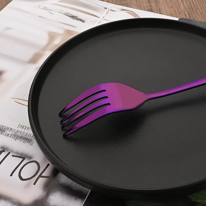 7 Pcs Purple Serving Utensils, Stainless Steel Flatware Serving Set, Include Cake Server/Slotted Spoon/Serving Spoon and Fork/Soup Ladle, Serveware Set for Buffet and Party