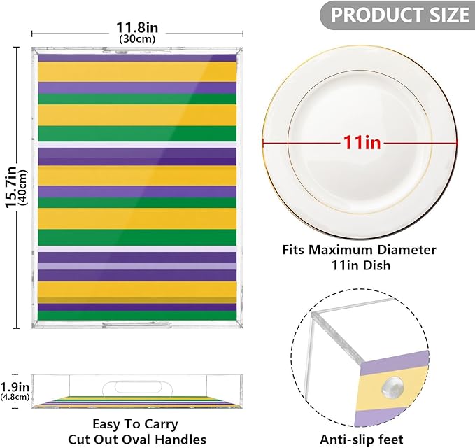 Serving Tray with Handles Clear Acrylic Tray 12x16 Inch Decorative Rectangular Tray Organizer for Ottoman Coffee Table Bathroom Mardi Gras Stripe Purple Yellow