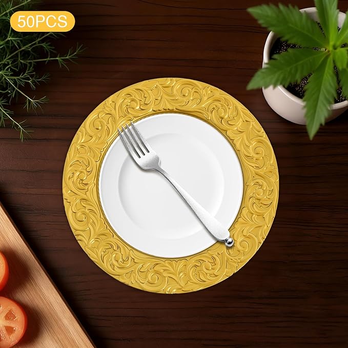 TFCFL 50Pcs Antique Charger Plates Bulk 13Inch Plastic Embossed Dinner Plate Chargers Round Floral Plates Dinner Wedding Party Event Table Setting Decoration (Gold)