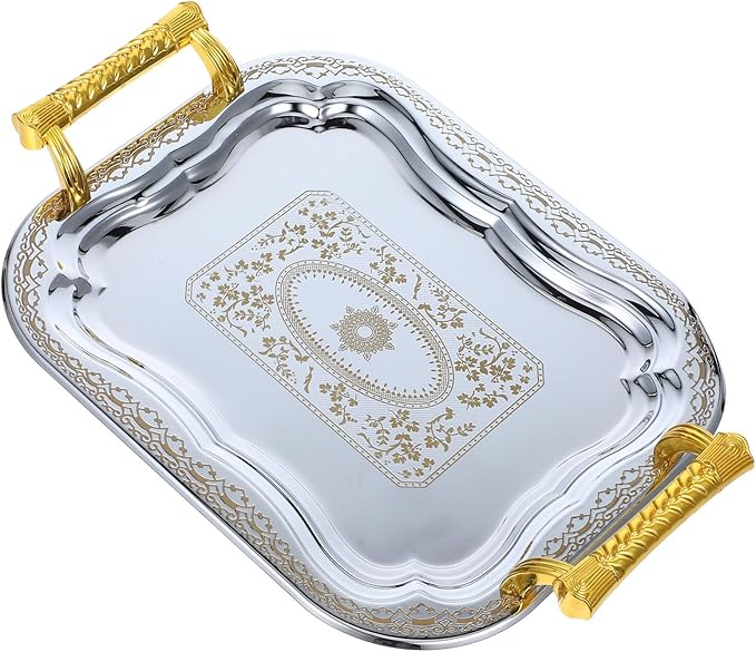 European Style Stainless Steel Serving Tray with Handle, Metal Snack and Fruit Plate for Food Presentation, Sturdy Tea and Beverage Tray for Home and Party Use