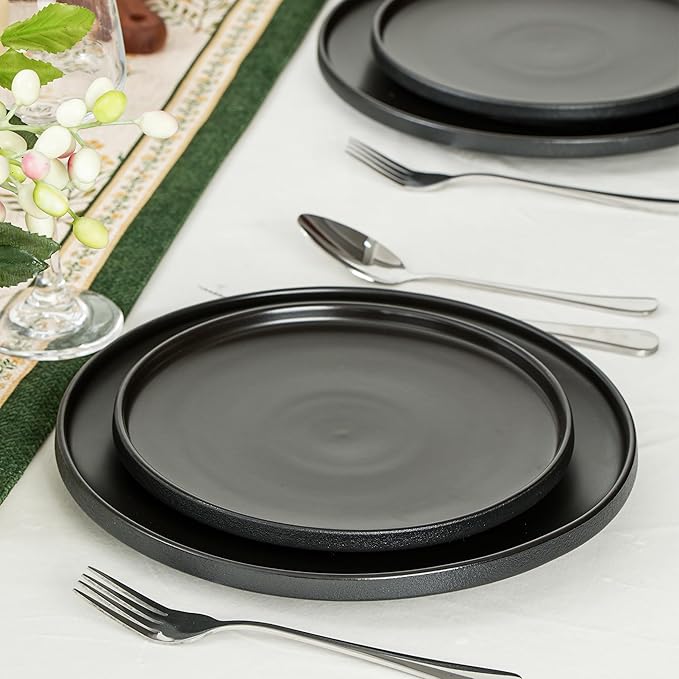 Salad & Dessert Plates, 8 Inch Small Dinner Plates Sets for 4, Dishwasher & Microwave Safe, Porcelain Dinner Dishes for Cake, Fruits, Waffle, Pasta, Salad, Modern Black