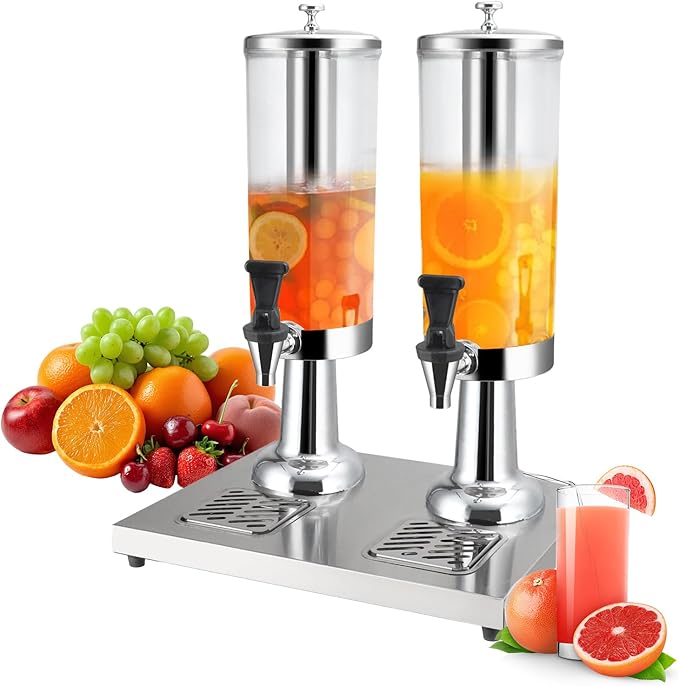 1 Gallon Commercial Beverage Dispenser with Centre Ice Core and Stand Drip Trays Stainless Steel Cold Drink Dispenser for Parties Pub Cafeteria Restaurant Home Hotel (silver, double head)