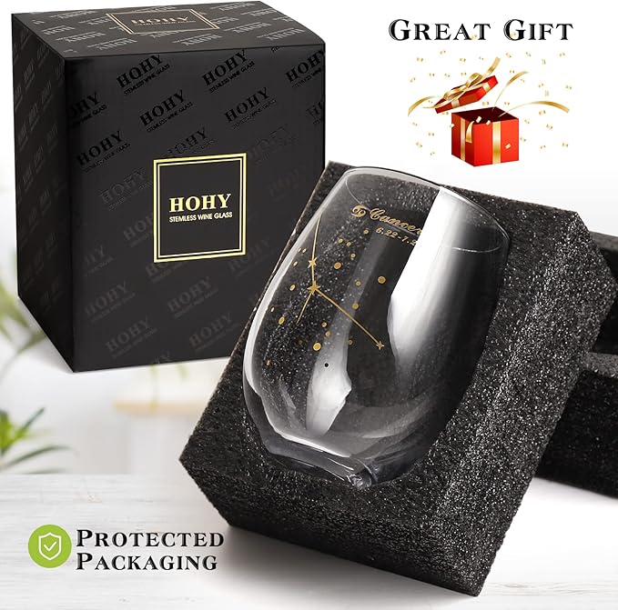 HOHY Cancer Zodiac Wine Glass 20 Oz, Cancer Zodiac Birthday Horoscope Gifts for Women, Birthday Wine Glass Astrology Constellation Christmas Gifts for Women, Constellation Wine Glasses Golden