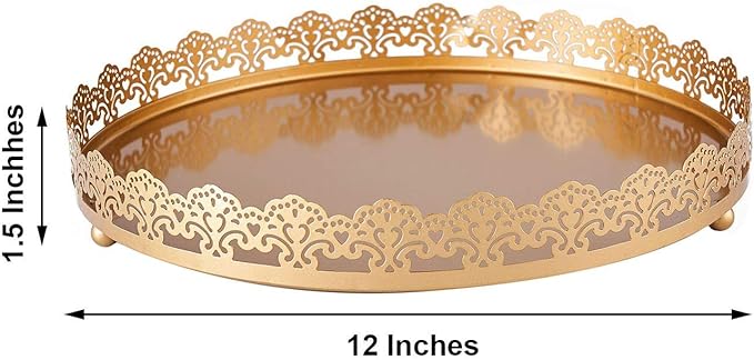 Plastic Round Premium Decorative Serving Tray with Embellished Rims - Gold
