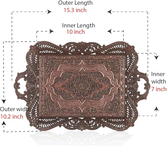 Antique Vintage Tea Coffee Serving Tray Table Home Decor Decorative Handle - Arabic Persian Turkey Fancy Rustic Farmhouse Rectangular Decorative Beverage Bar Ottoman Style Tray Traditional Unique