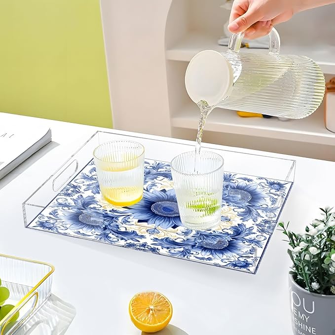 Serving Tray with Handles Clear Acrylic Tray 12x16 Inch Decorative Rectangular Tray Organizer for Ottoman Coffee Table Bathroom Sunflowers Blue and White