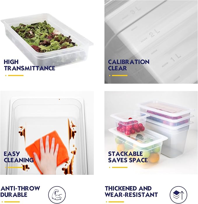 6 Pack 1/3 Size 4'' Deep Food Pans with Lids, Translucent Polypropylene, BPA-free, Commercial Stackable Freezer-safe Storage for Restaurants, Buffets