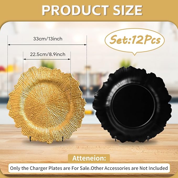 PROY 13 Inch Round Gold Charger Plates, Gold Chargers for Dinner Plates, Plastic Reef Charger Set of 12 for Wedding, Thanksgiving, Christmas