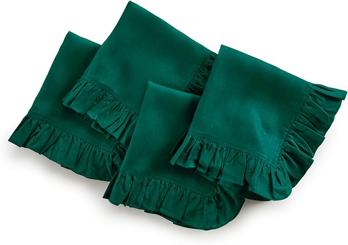 Solino Home Linen Ruffle Cloth Napkins Set of 4-100% Pure Linen Rainforest Green Dinner Napkins 20 x 20 Inch - Gabrielle Ruffle, Handcrafted and Machine Washable - Christmas, Winter, New Year