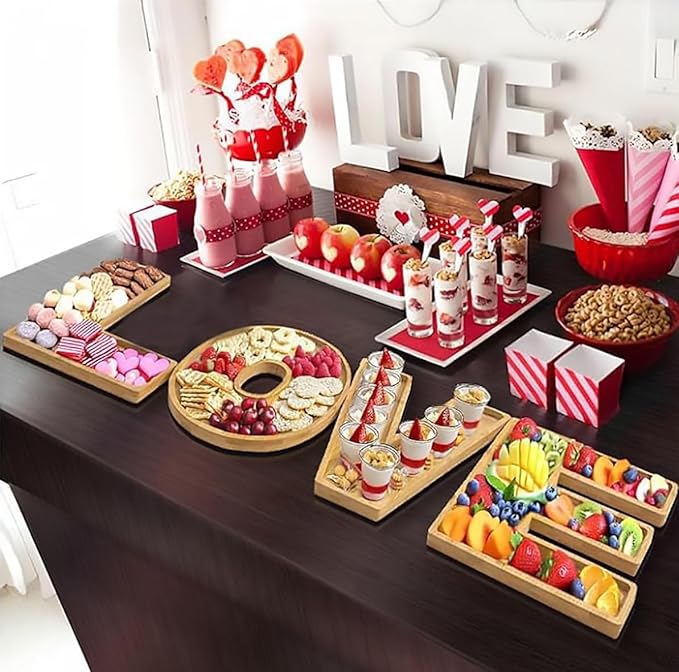 15.5'' Love Serving Trays, 4 Pack Larger Bamboo Solid Serving Platter, Charcuterie Serving Boards Snack Food Cake Cookies Platter for Anniversary Wedding Baby Shower Birthday Party Decoration