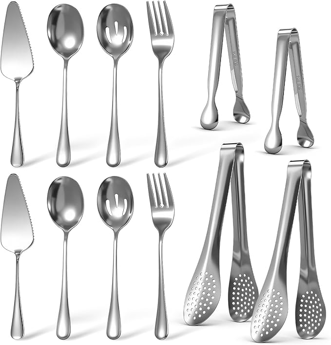 12 PCS Serving Utensils Set for Party Premium Stainless Steel Serving Utensils Large Servings Spoons, Forks, Tongs, Pie Server, for Buffet, Catering, Entertaining, Silver